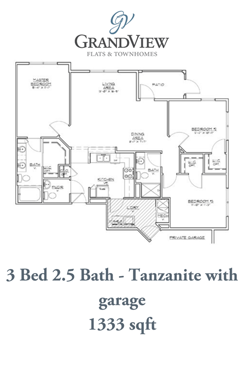 Floor plan for 3 beds, 2.5 baths, 1333 sqft